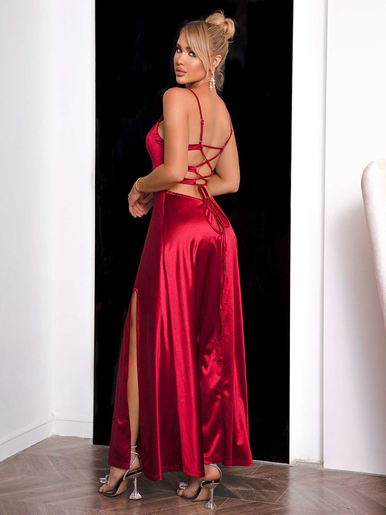 Spaghetti Strap Lace - Up Back Split Dress
