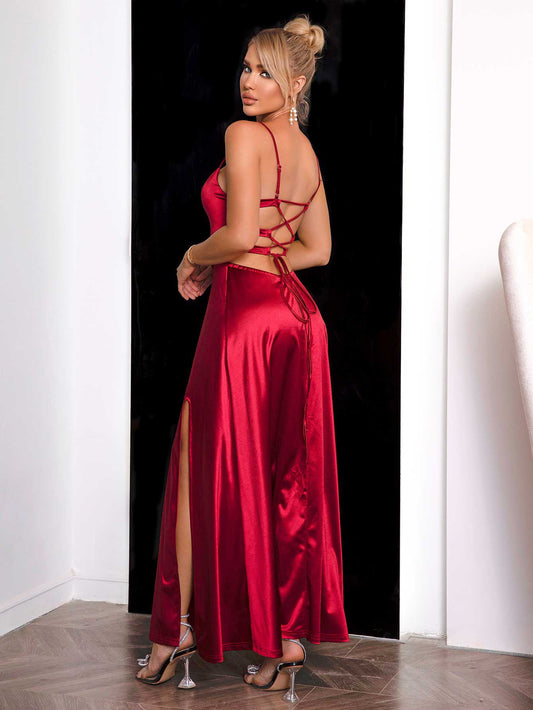 Spaghetti Strap Lace - Up Back Split Dress
