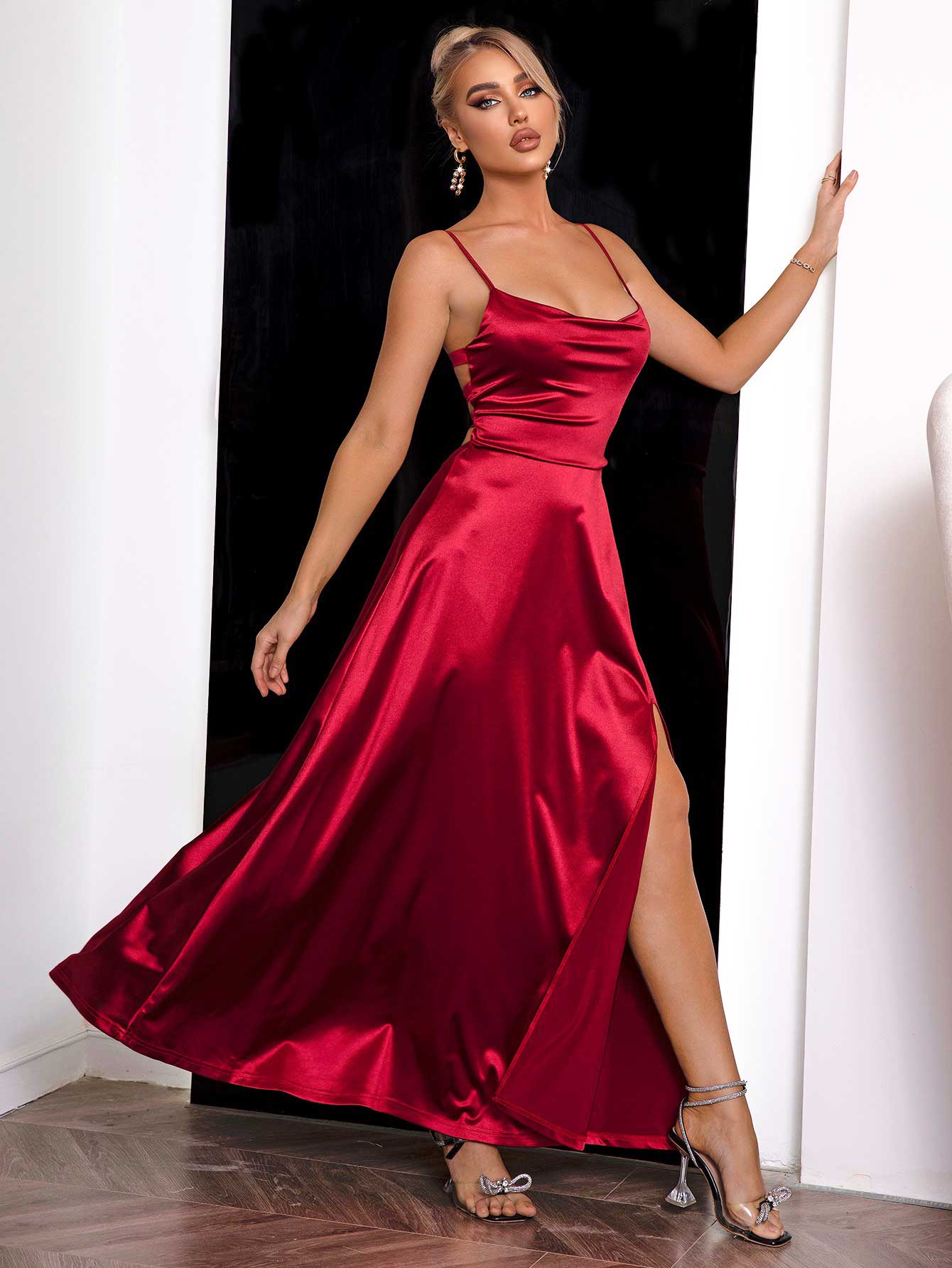 Spaghetti Strap Lace - Up Back Split Dress