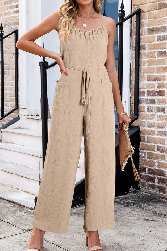 Spaghetti Strap Waist Tie Wide Leg Jumpsuit with Pockets