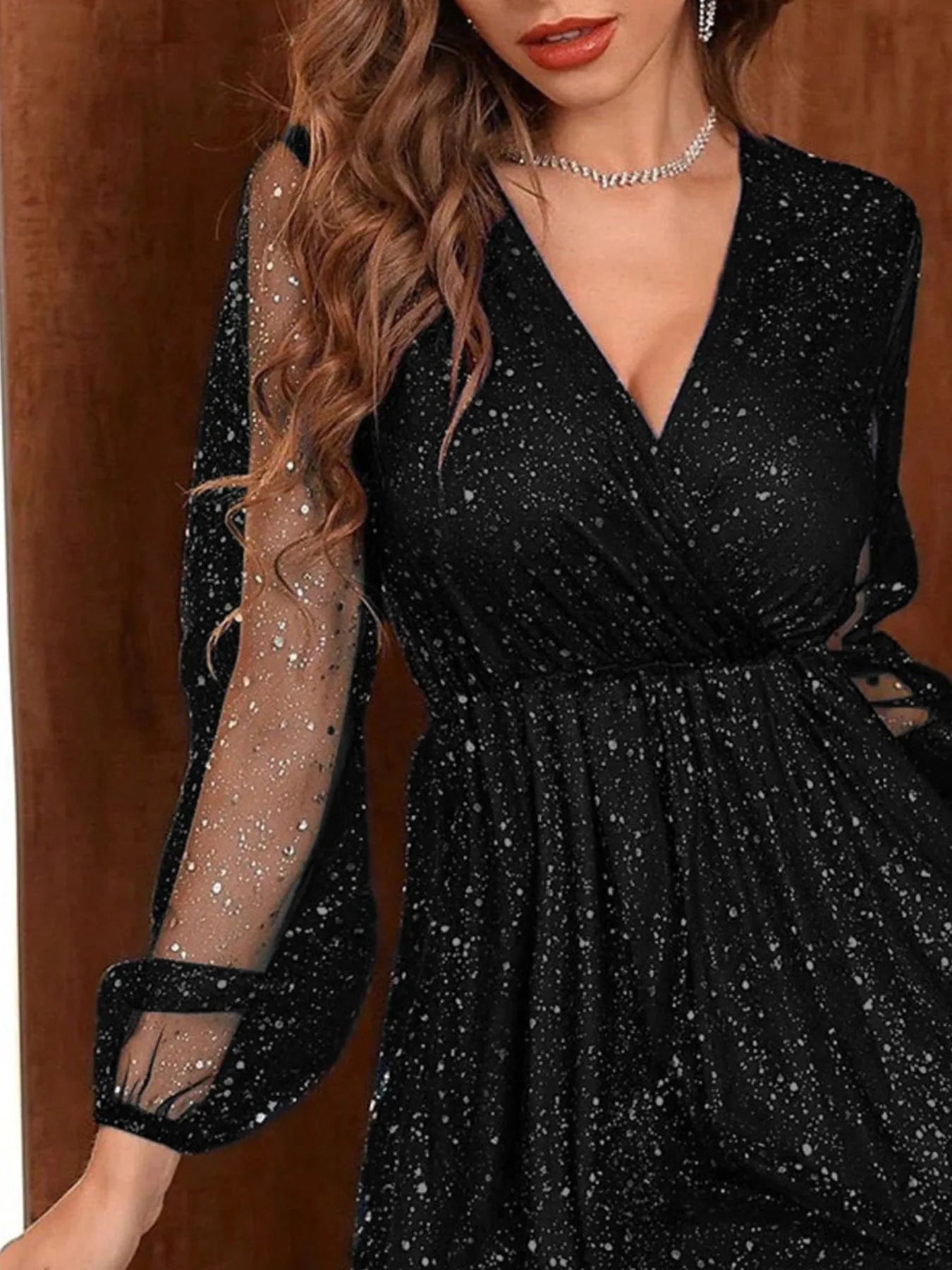 Sparkling Surplice Balloon Sleeve Mini Dress