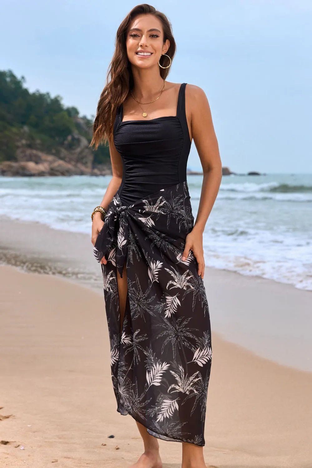 Square Neck Printed One - Piece Swimwear and Cover Up Swim Set