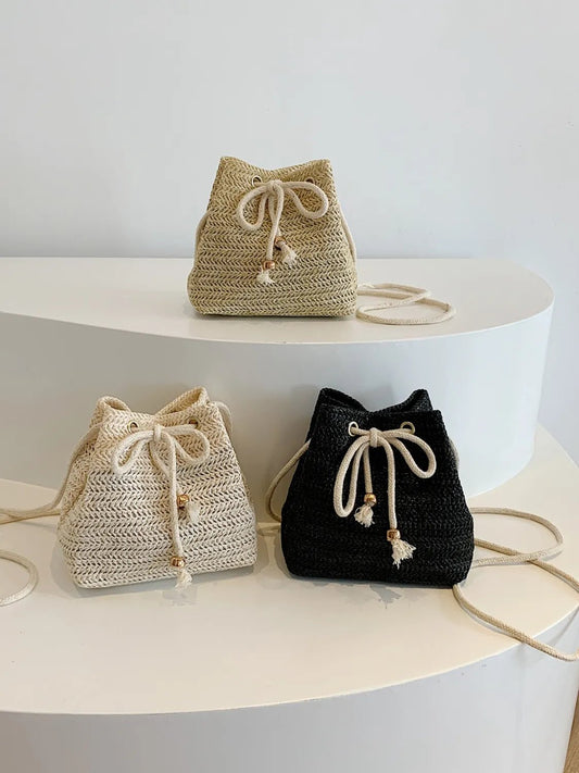 Straw Braided Drawstring Bucket BagBag
