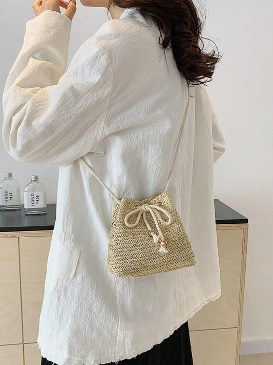 Straw Braided Drawstring Bucket BagBag