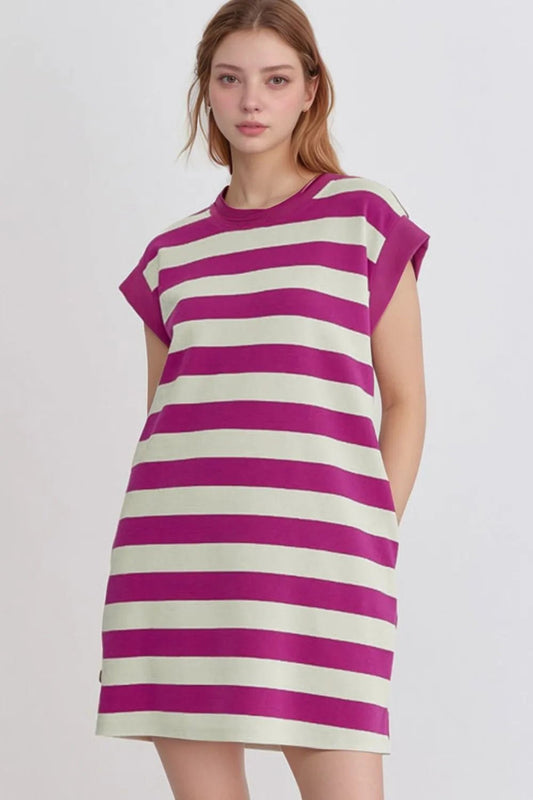Stripe Cap Sleeve Pocketed Shift Tee Dress