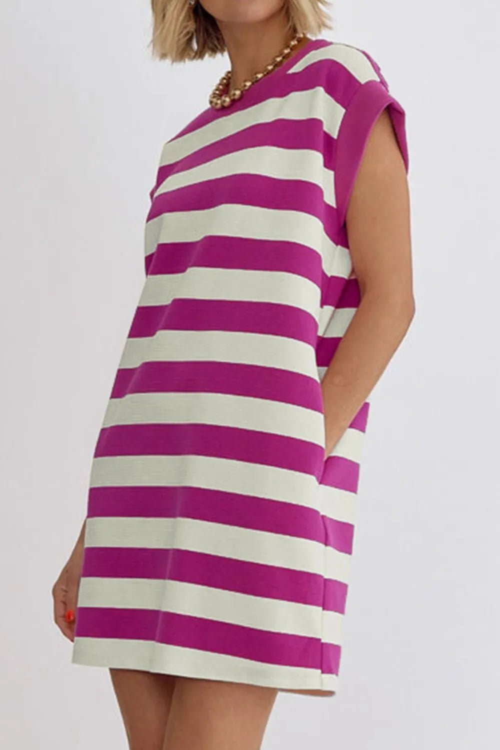 Stripe Cap Sleeve Pocketed Shift Tee Dress