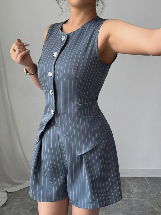Striped Button Up Vest and Shorts Set