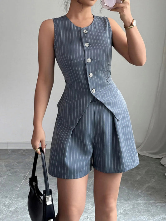 Striped Button Up Vest and Shorts Set