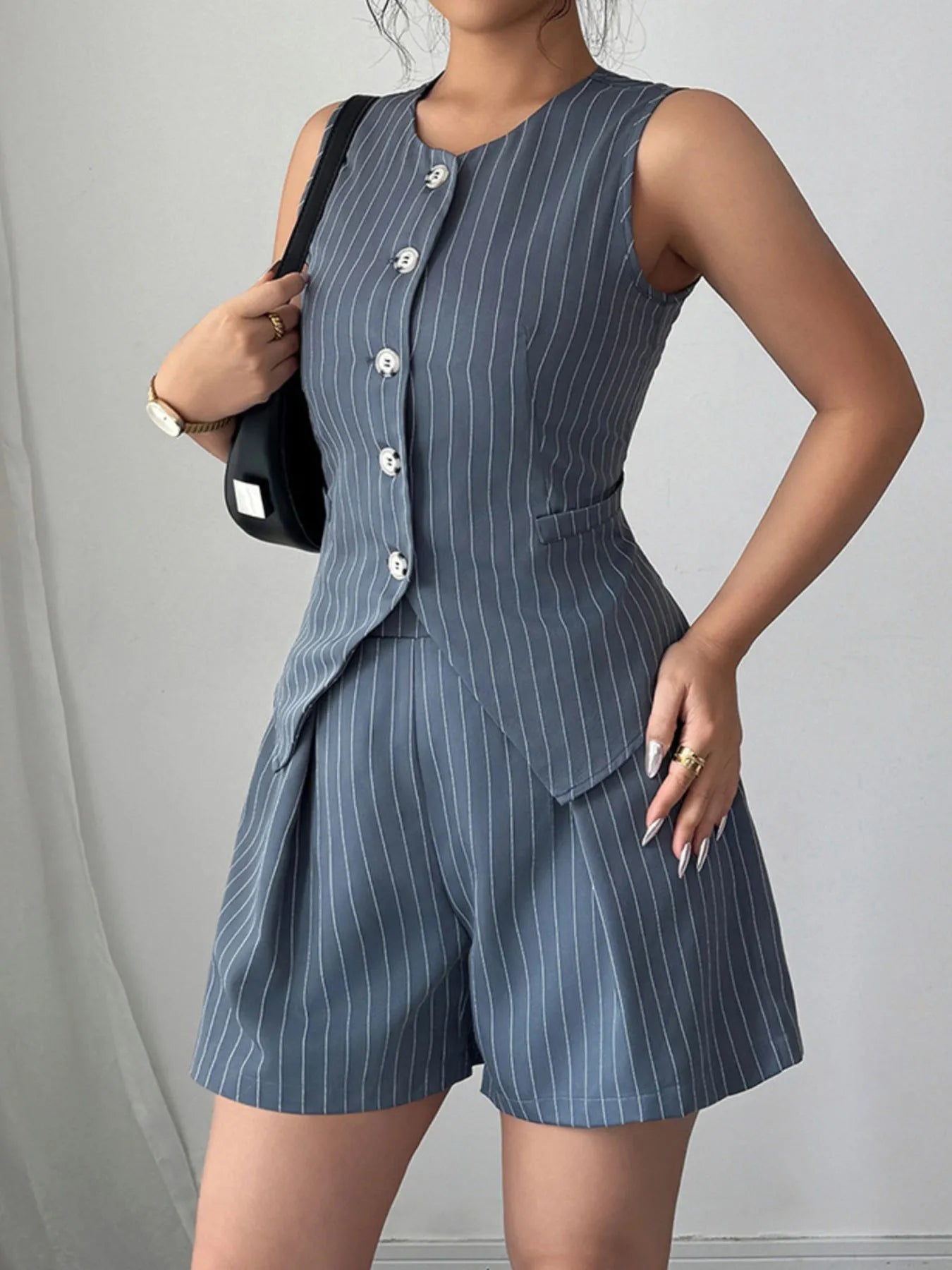 Striped Button Up Vest and Shorts Set