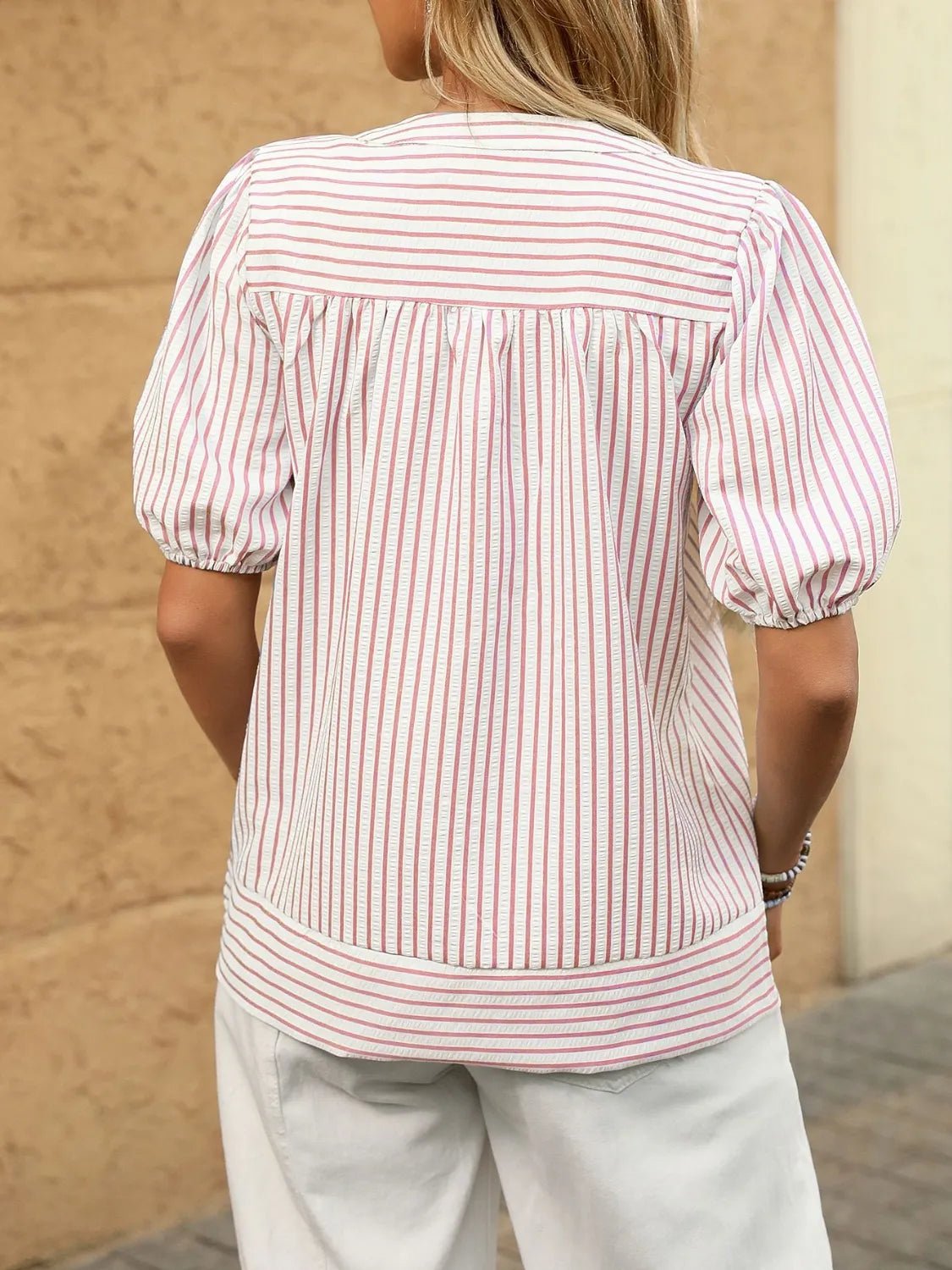 Striped Notched Puff Sleeve BlouseTop