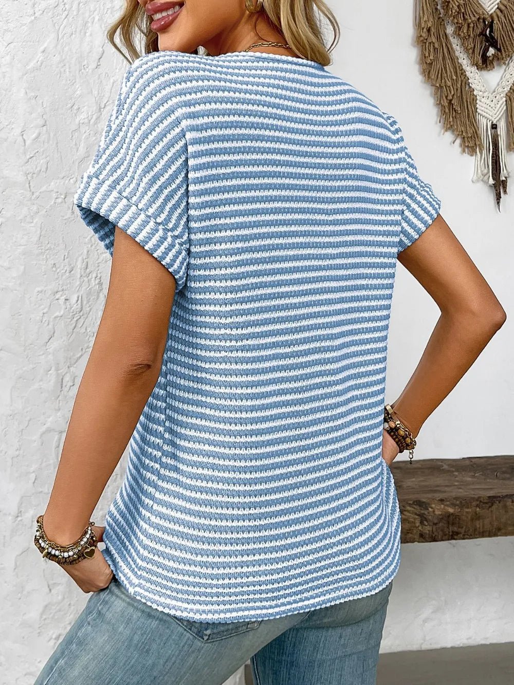 Striped Notched Short Sleeve T-ShirtTop