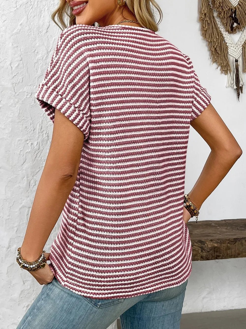Striped Notched Short Sleeve T-ShirtTop