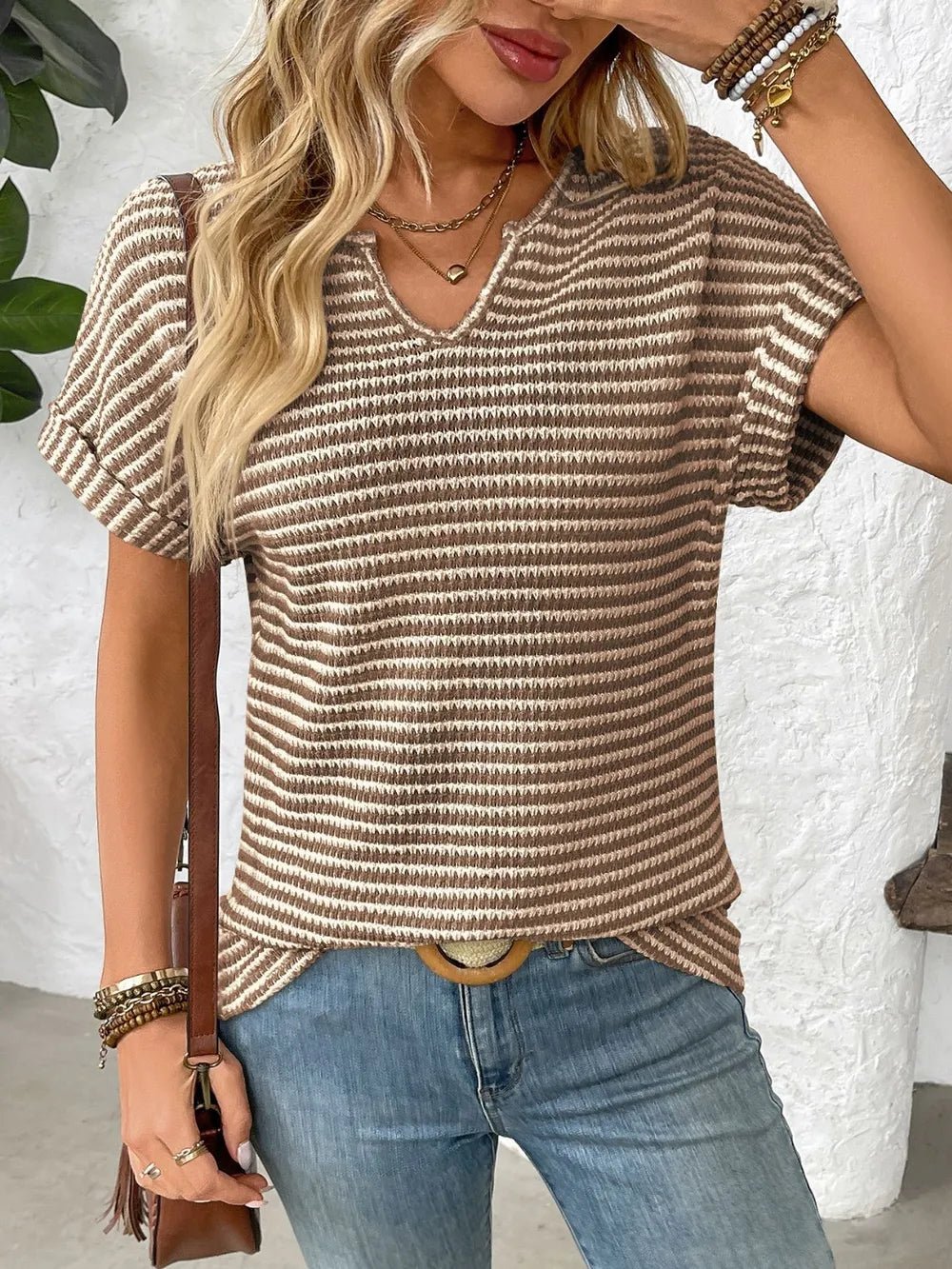 Striped Notched Short Sleeve T-ShirtTop
