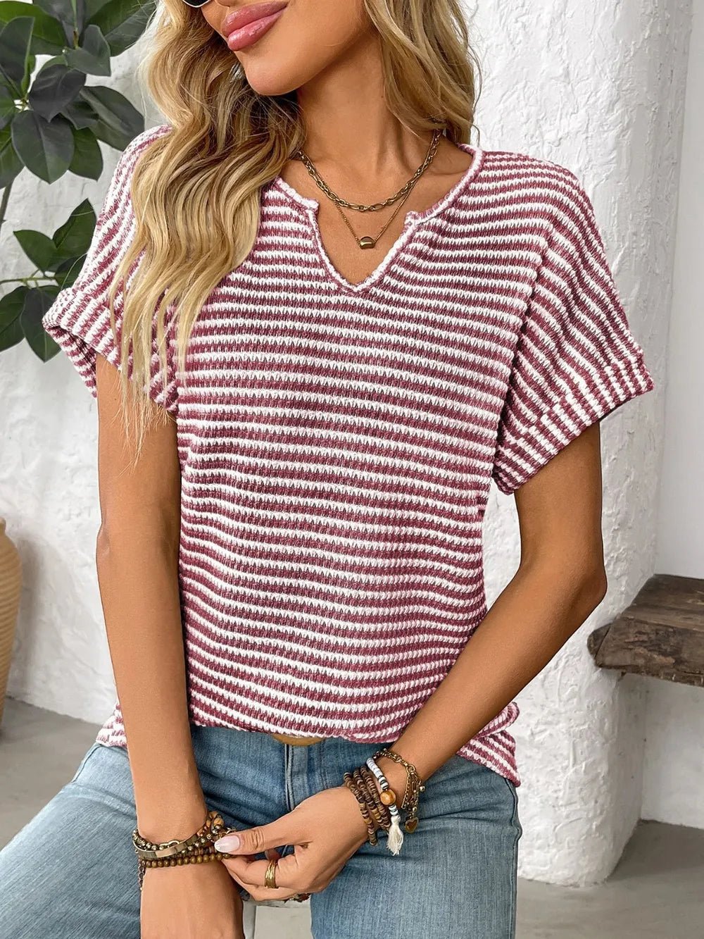 Striped Notched Short Sleeve T-ShirtTop