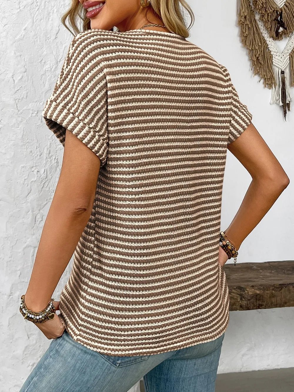 Striped Notched Short Sleeve T-ShirtTop