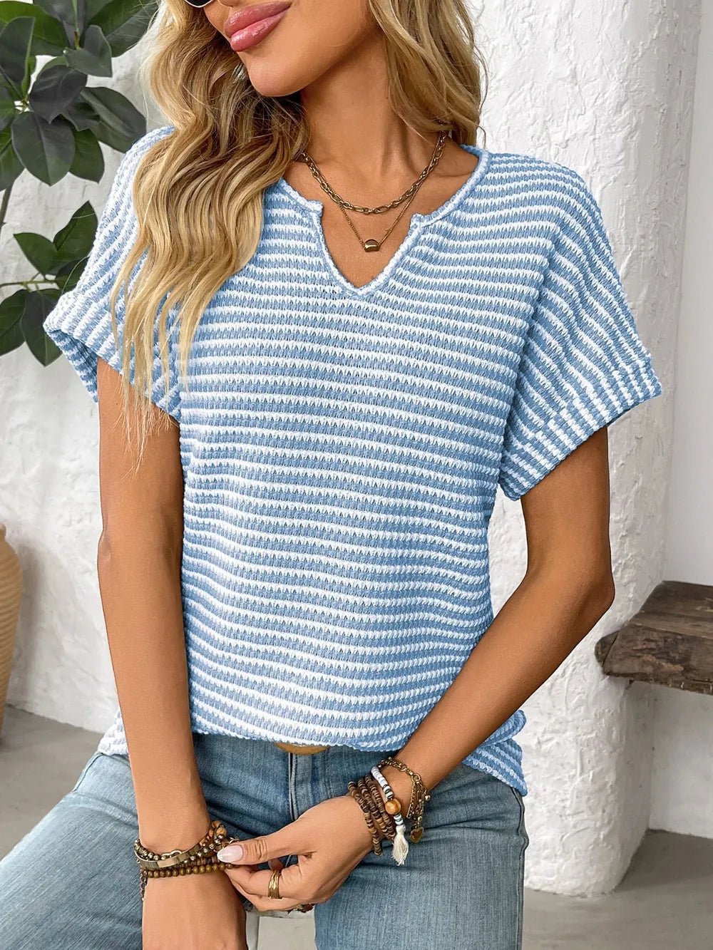 Striped Notched Short Sleeve T-ShirtTop
