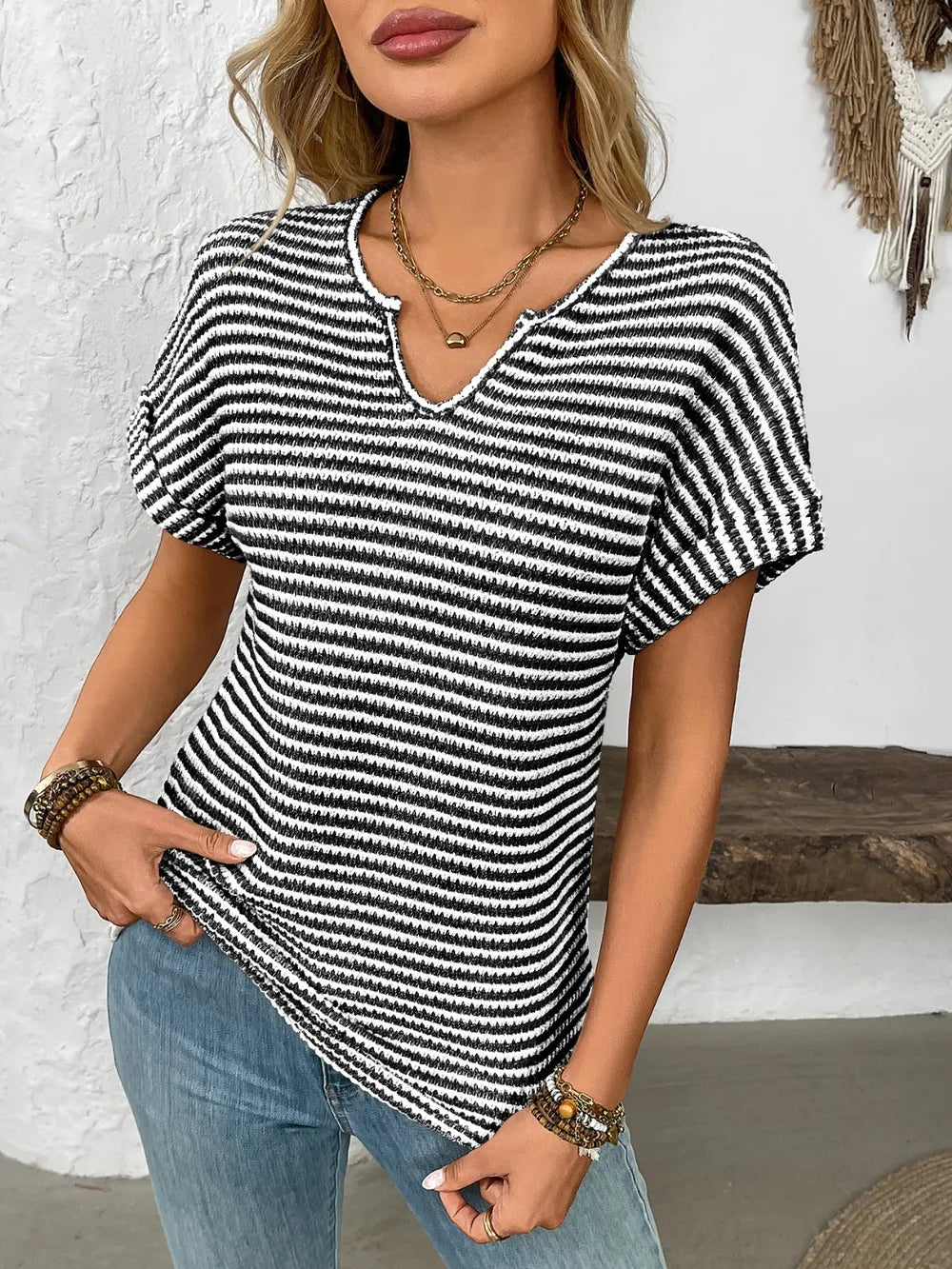 Striped Notched Short Sleeve T-ShirtTop