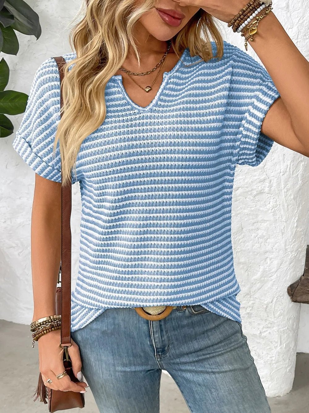 Striped Notched Short Sleeve T-ShirtTop