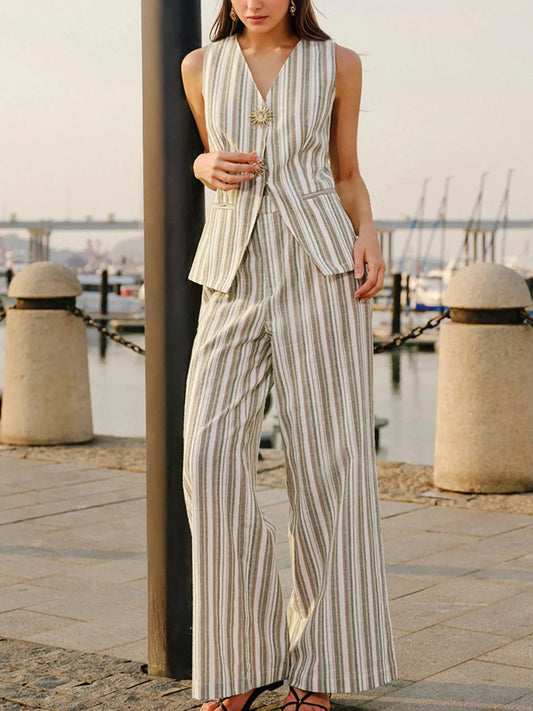 Striped Sleeveless V - Neck Top and Pants Two - Piece Set