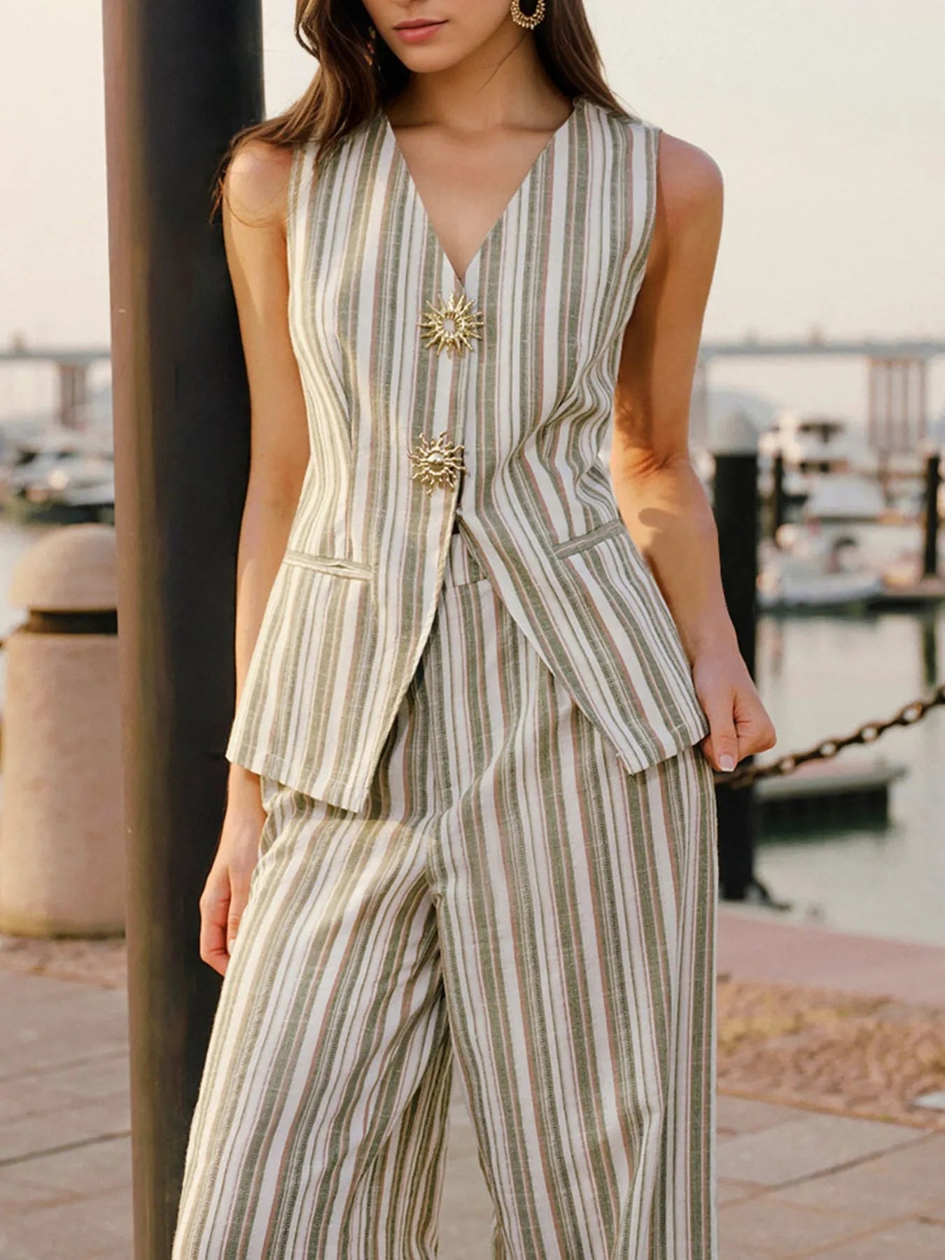 Striped Sleeveless V - Neck Top and Pants Two - Piece Set