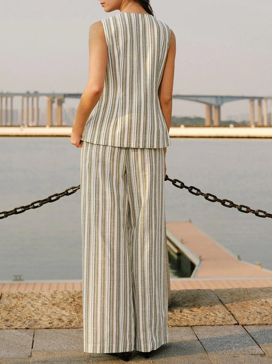 Striped Sleeveless V - Neck Top and Pants Two - Piece Set