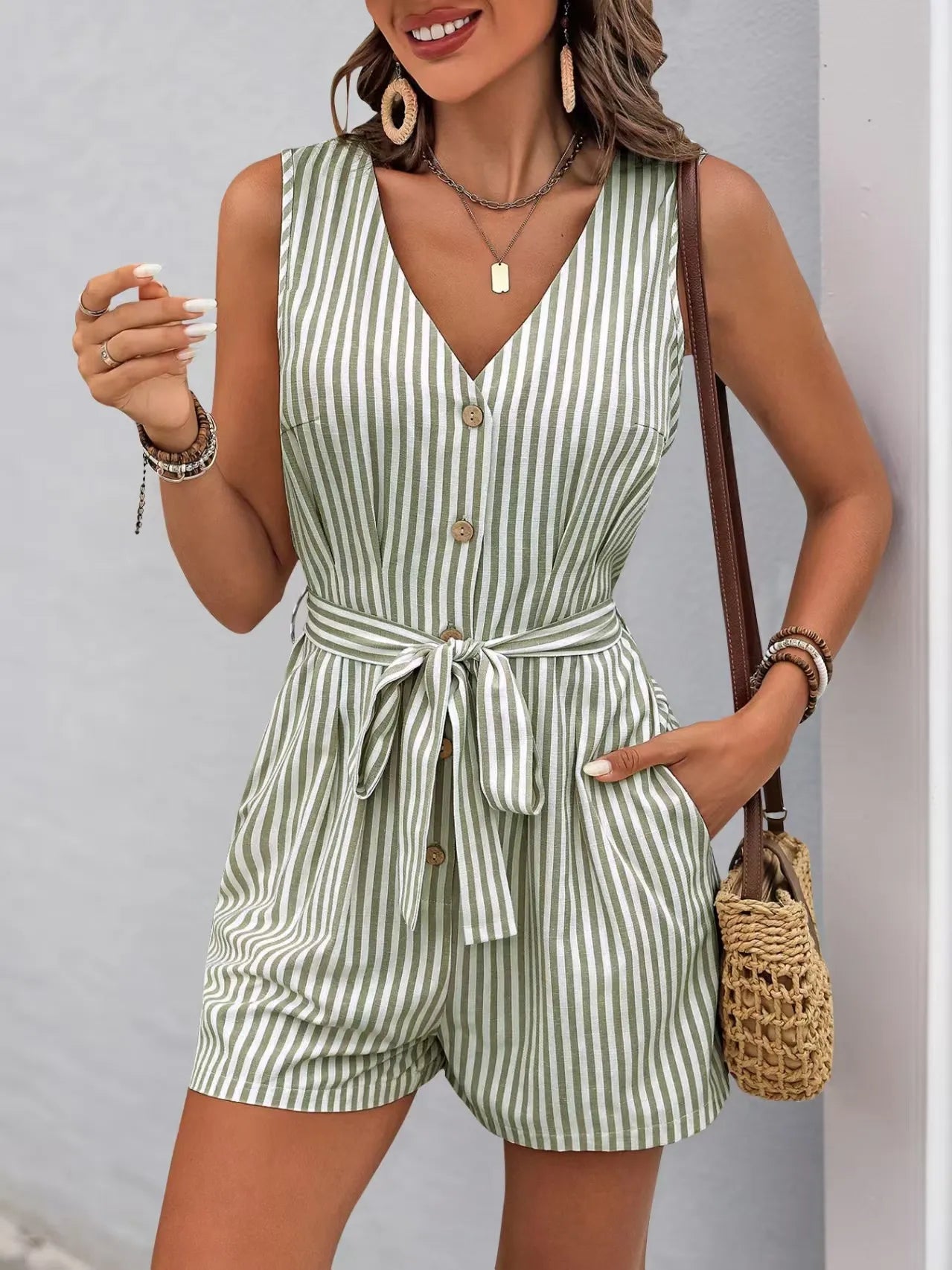 Striped V - neck Button Front Belted Romper