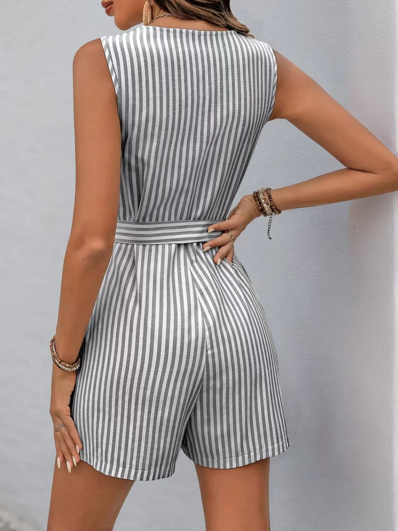 Striped V - neck Button Front Belted Romper