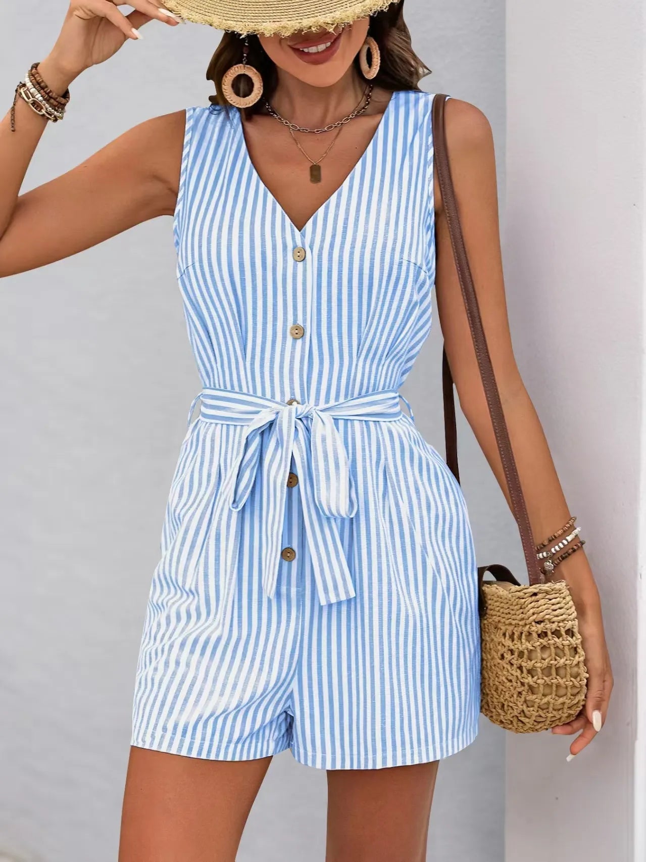 Striped V - neck Button Front Belted Romper