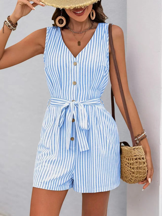 Striped V - neck Button Front Belted Romper