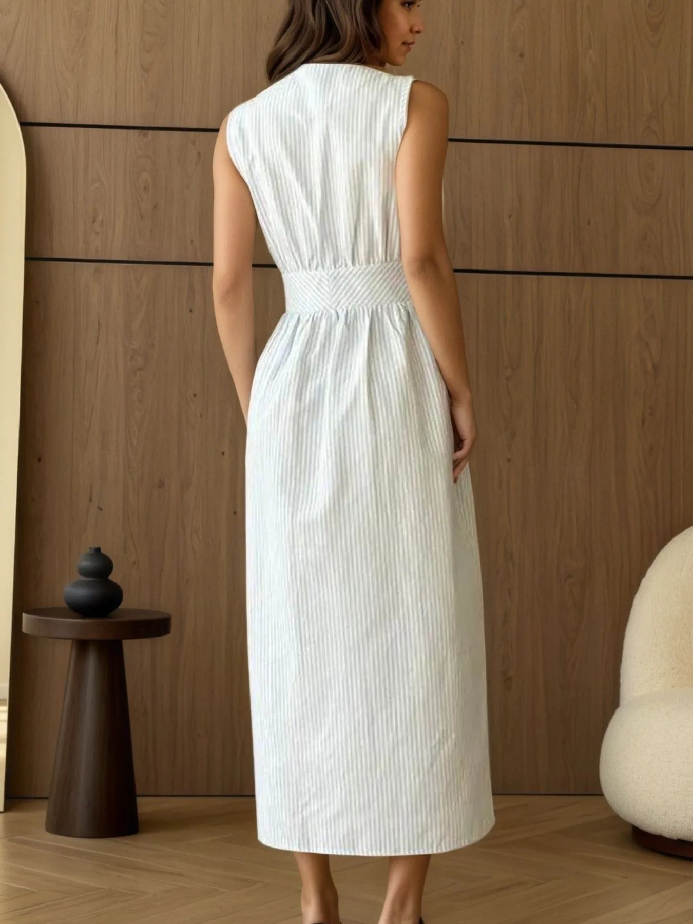 Striped V - Neck Sleeveless Midi Dress