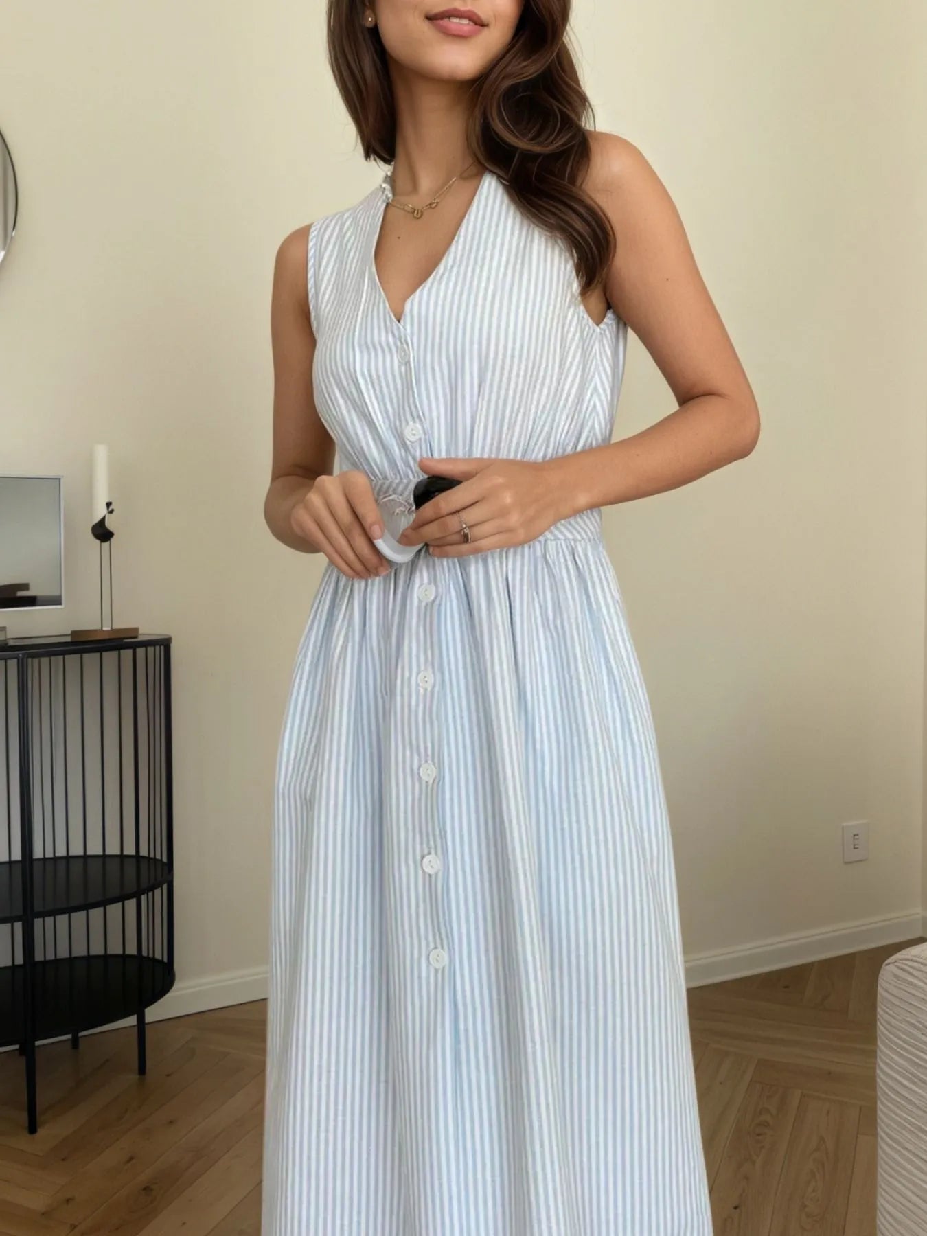 Striped V - Neck Sleeveless Midi Dress