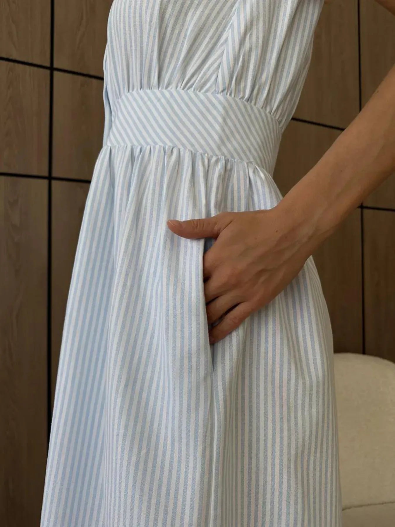 Striped V - Neck Sleeveless Midi Dress