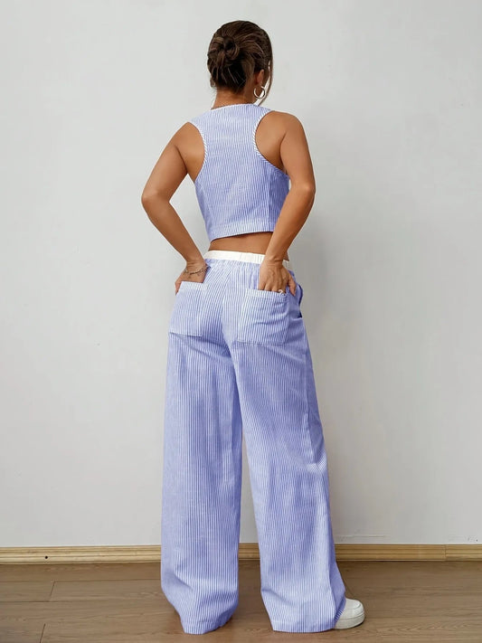 Striped Vest Top and Wide Leg Pants Two - Piece Set