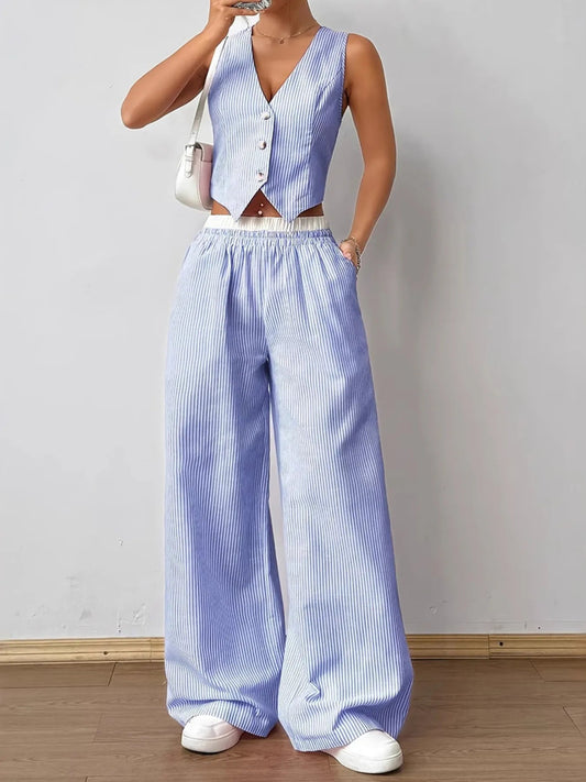 Striped Vest Top and Wide Leg Pants Two - Piece Set