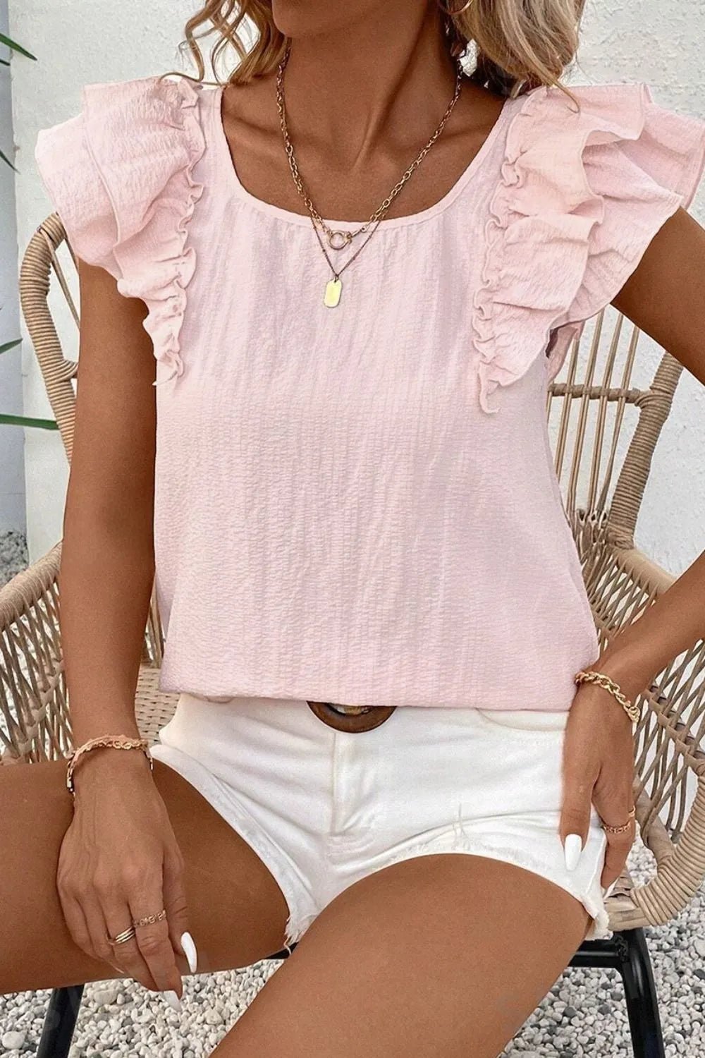Textured Bow Knot Frilled Butterfly Sleeve Blouse