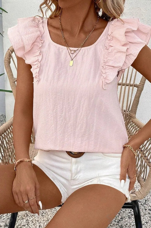 Textured Bow Knot Frilled Butterfly Sleeve Blouse