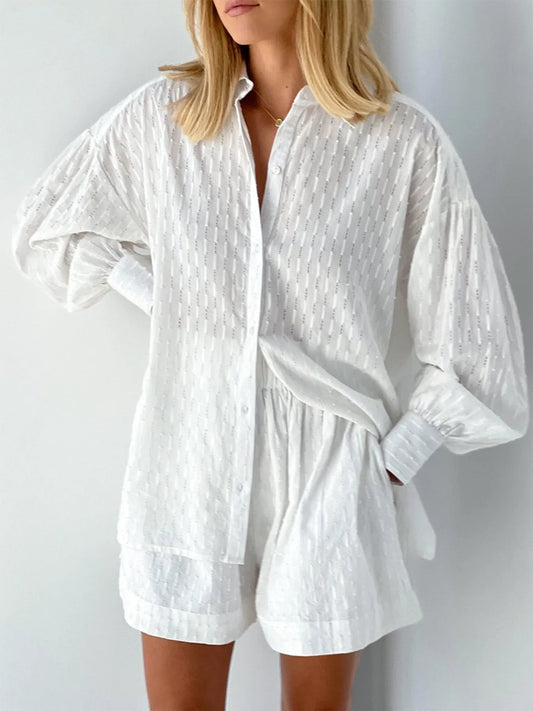 Textured Button - Up Shirt and Shorts Set