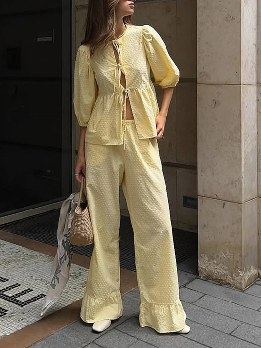 Textured Peplum Top and Ruffled Pants Set