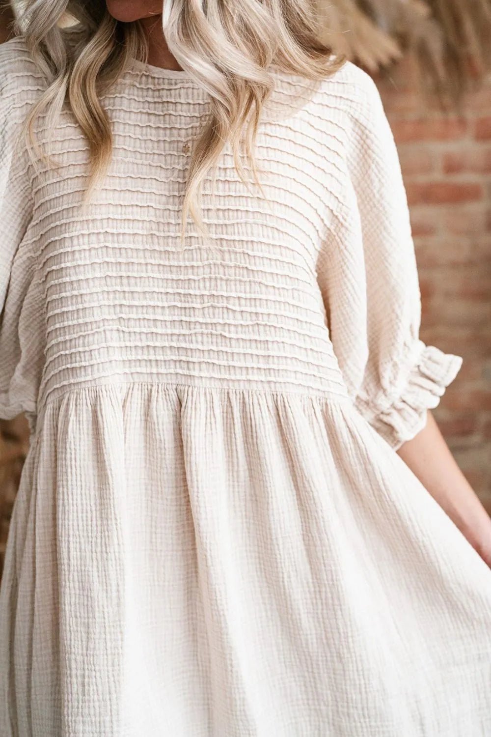 Textured Ruffled Puff Sleeve Loose Dress