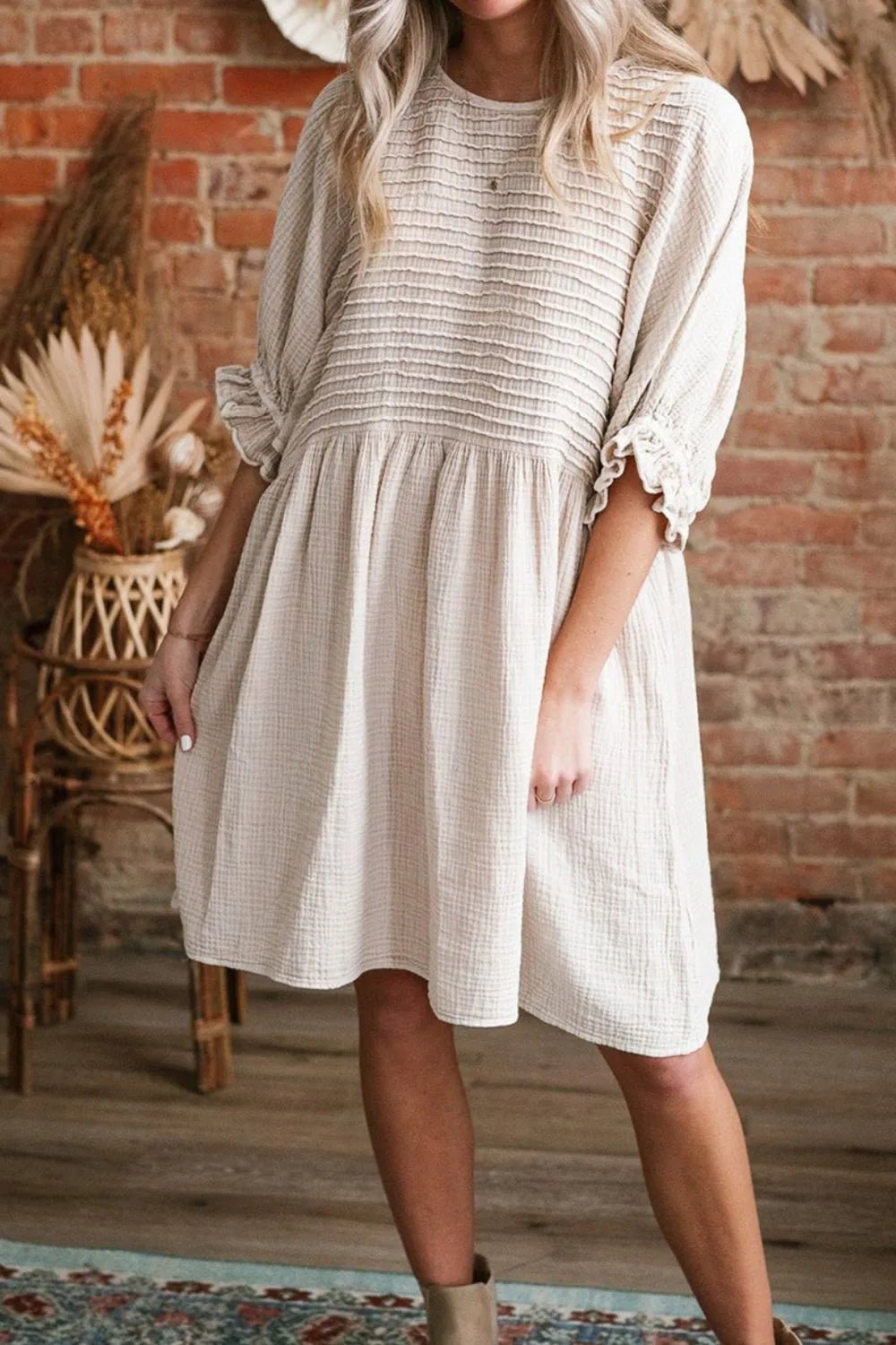 Textured Ruffled Puff Sleeve Loose Dress