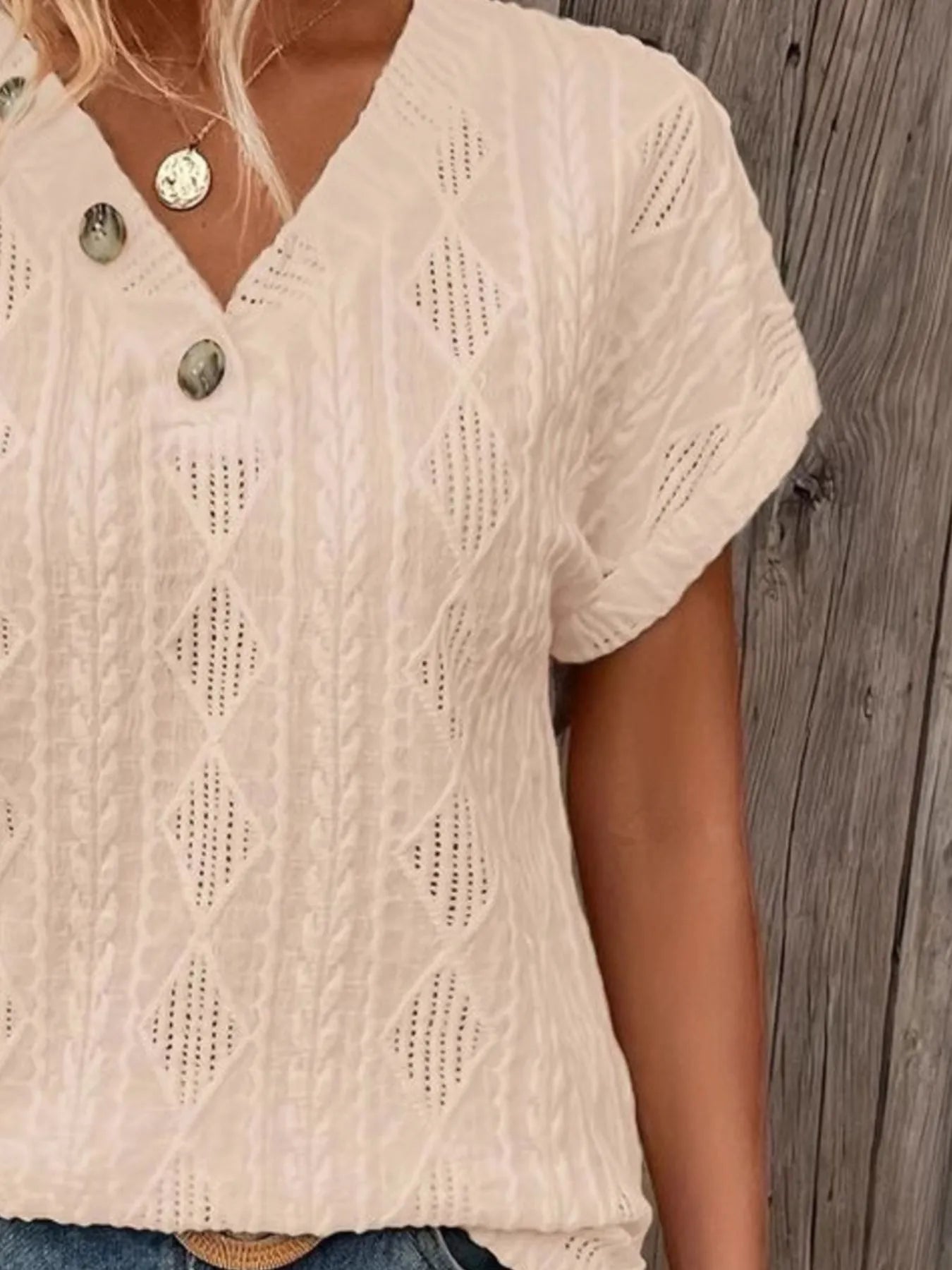 Textured V - Neck Short Sleeve Top