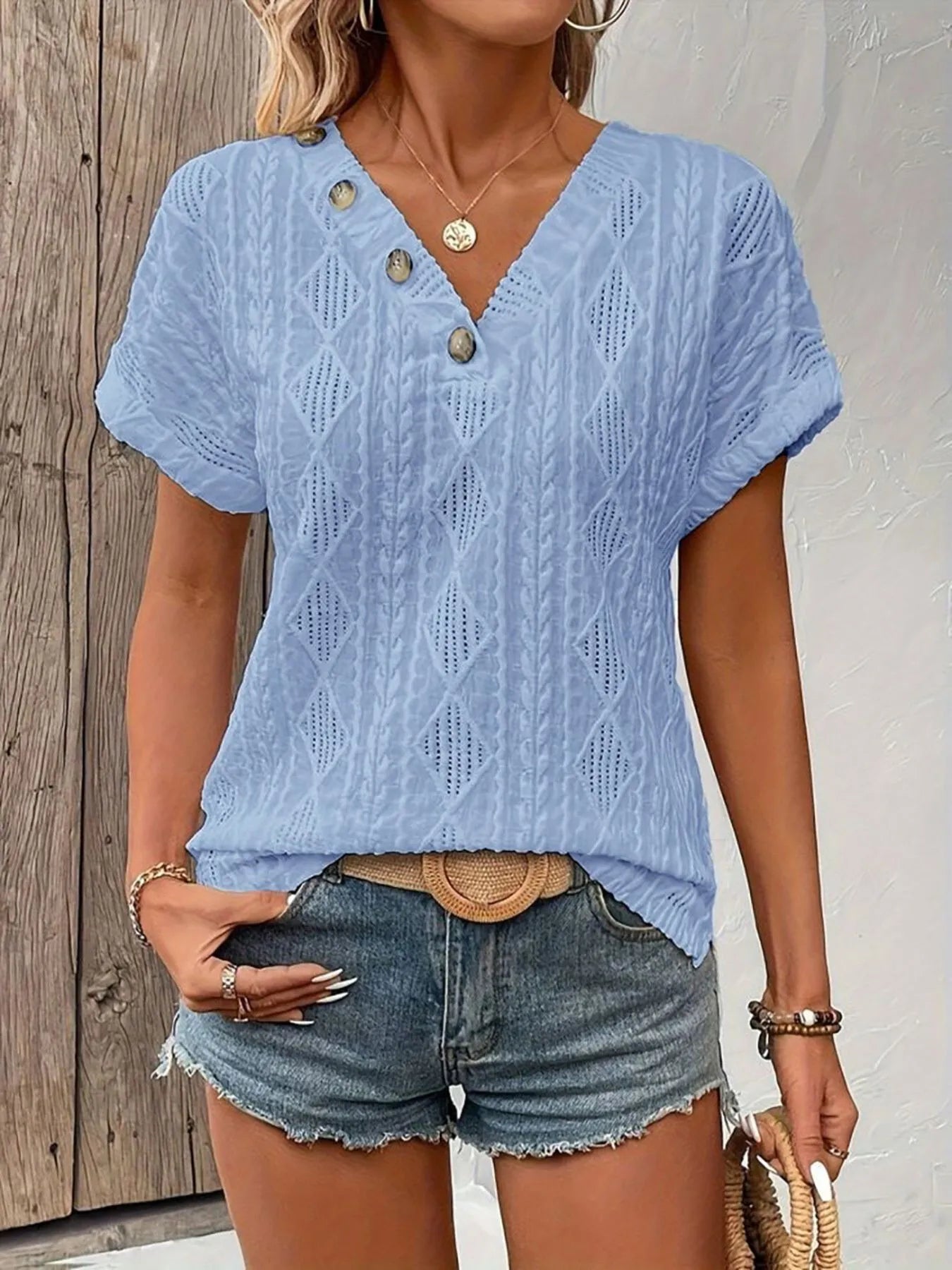 Textured V - Neck Short Sleeve Top