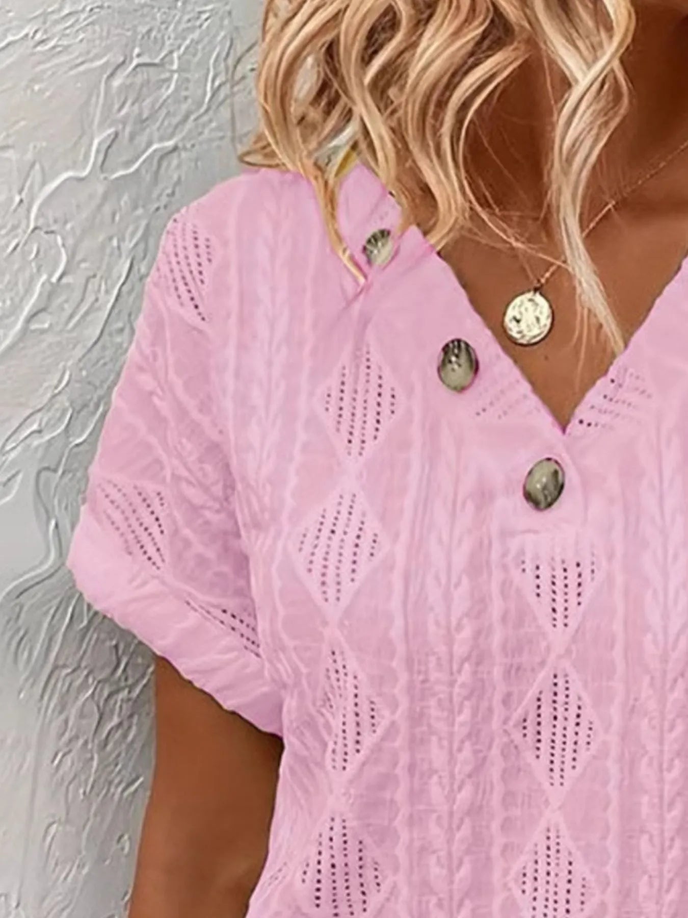 Textured V - Neck Short Sleeve Top