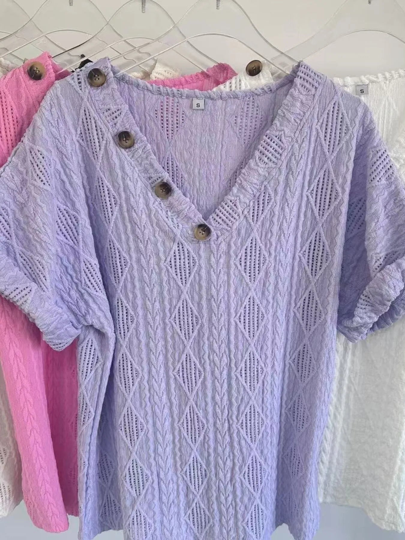 Textured V - Neck Short Sleeve Top