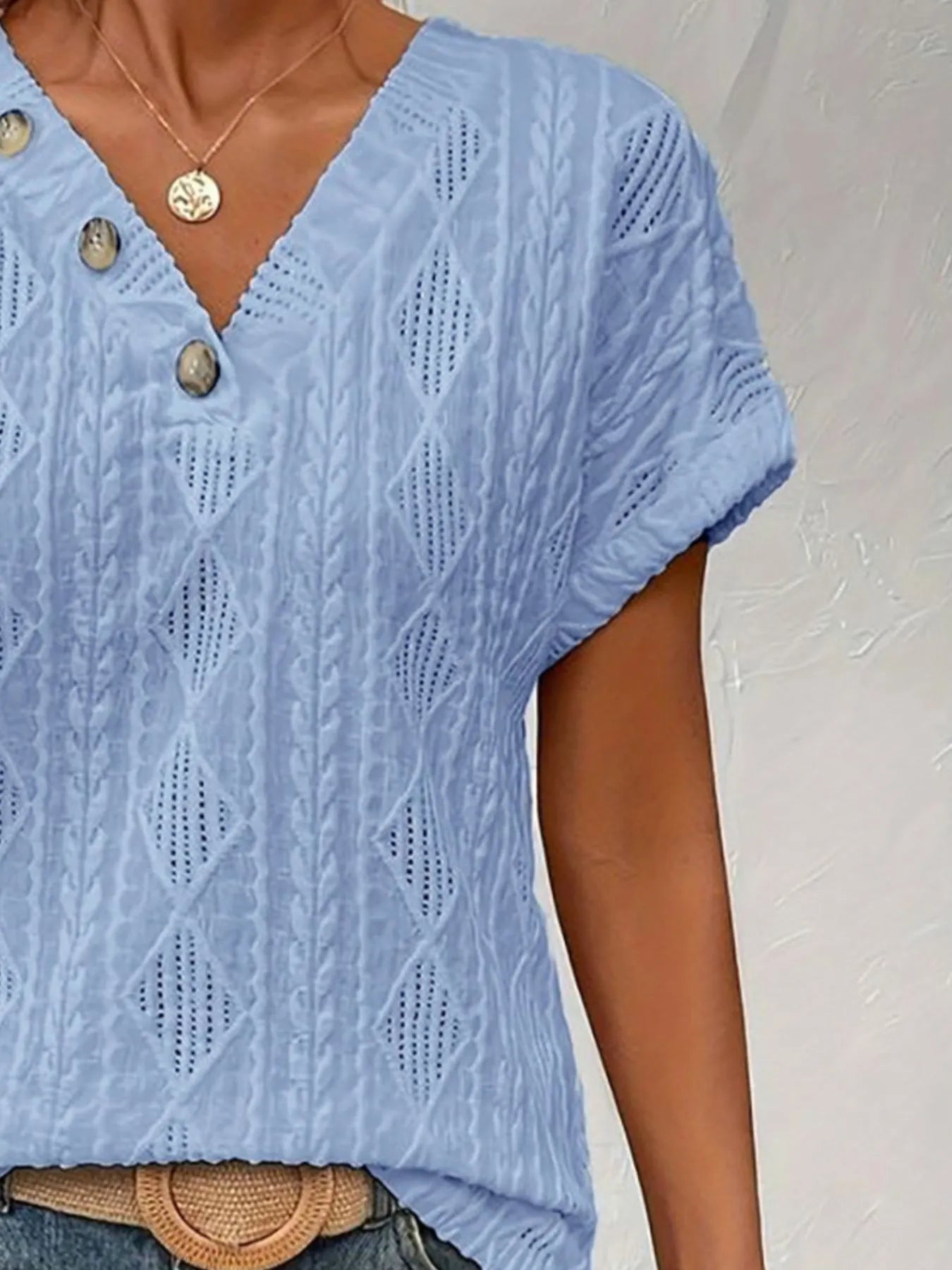 Textured V - Neck Short Sleeve Top