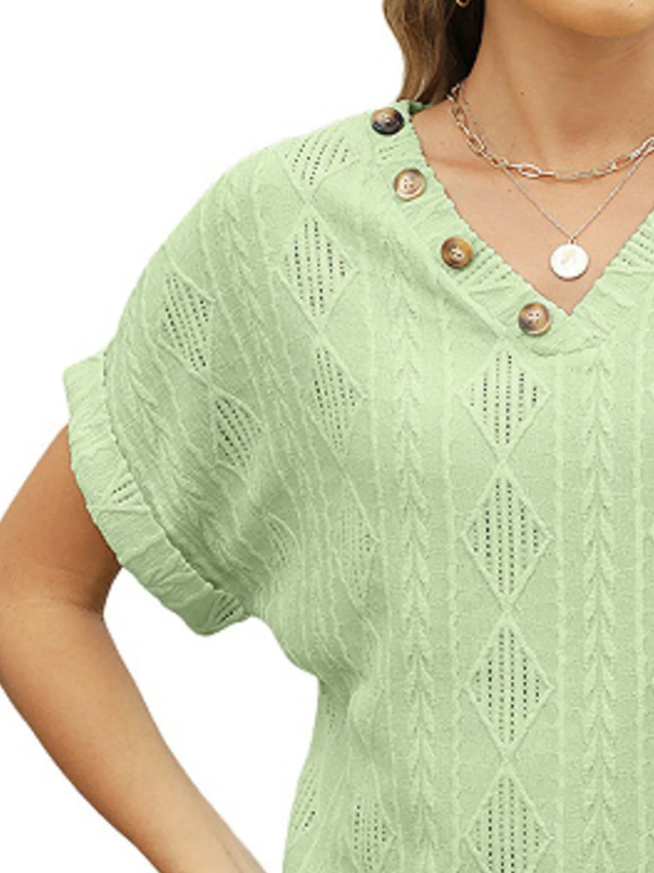Textured V - Neck Short Sleeve Top