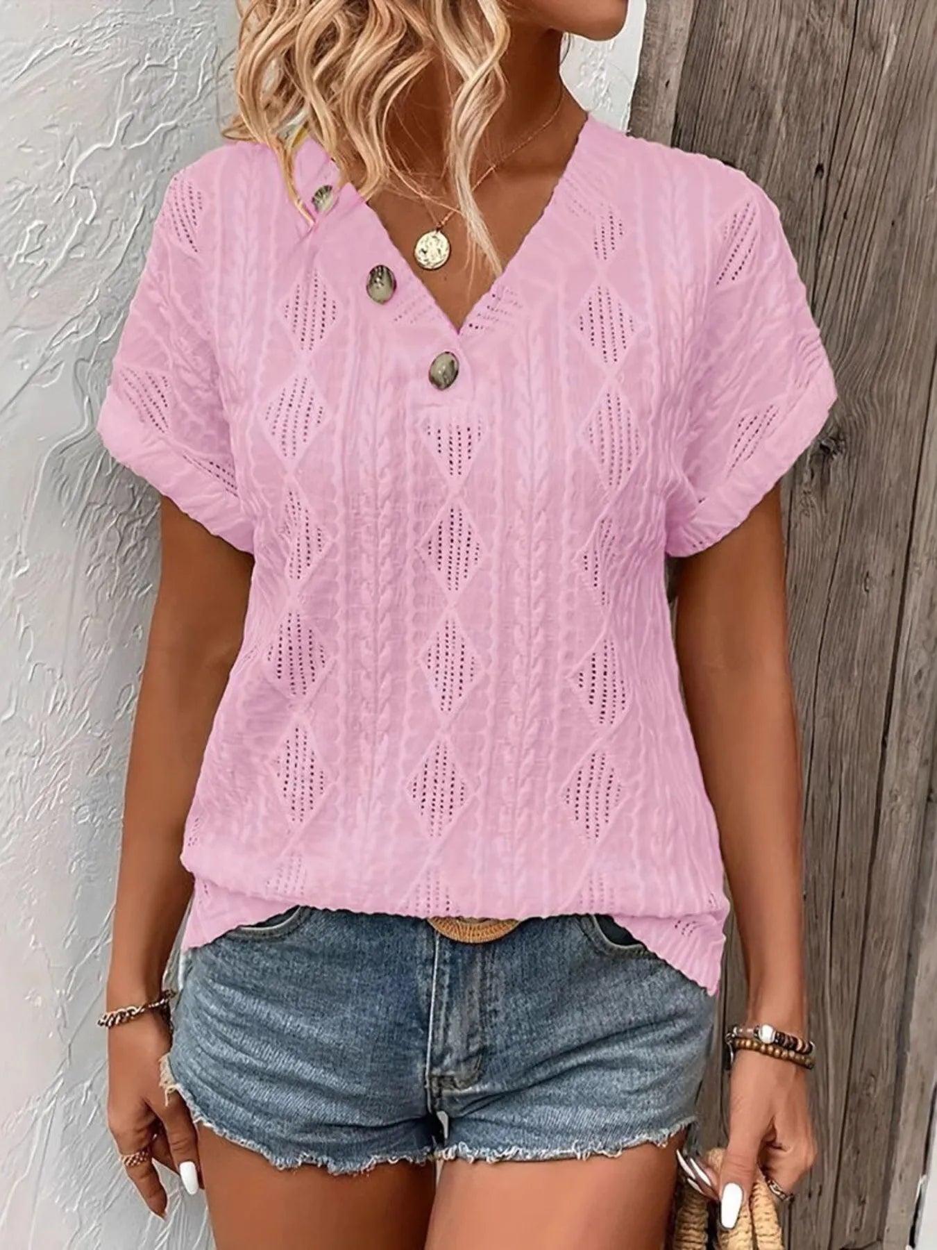 Textured V - Neck Short Sleeve Top