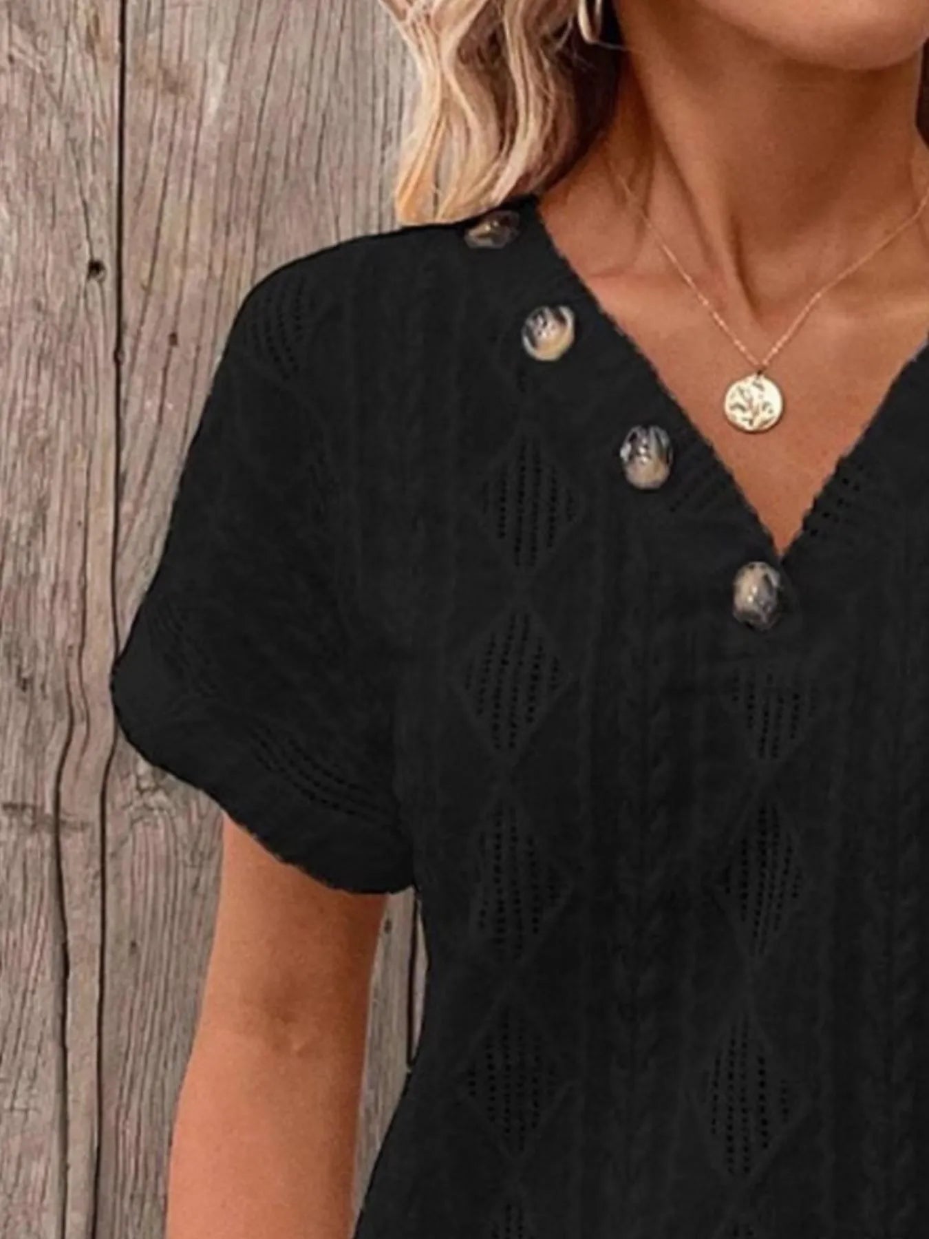 Textured V - Neck Short Sleeve Top
