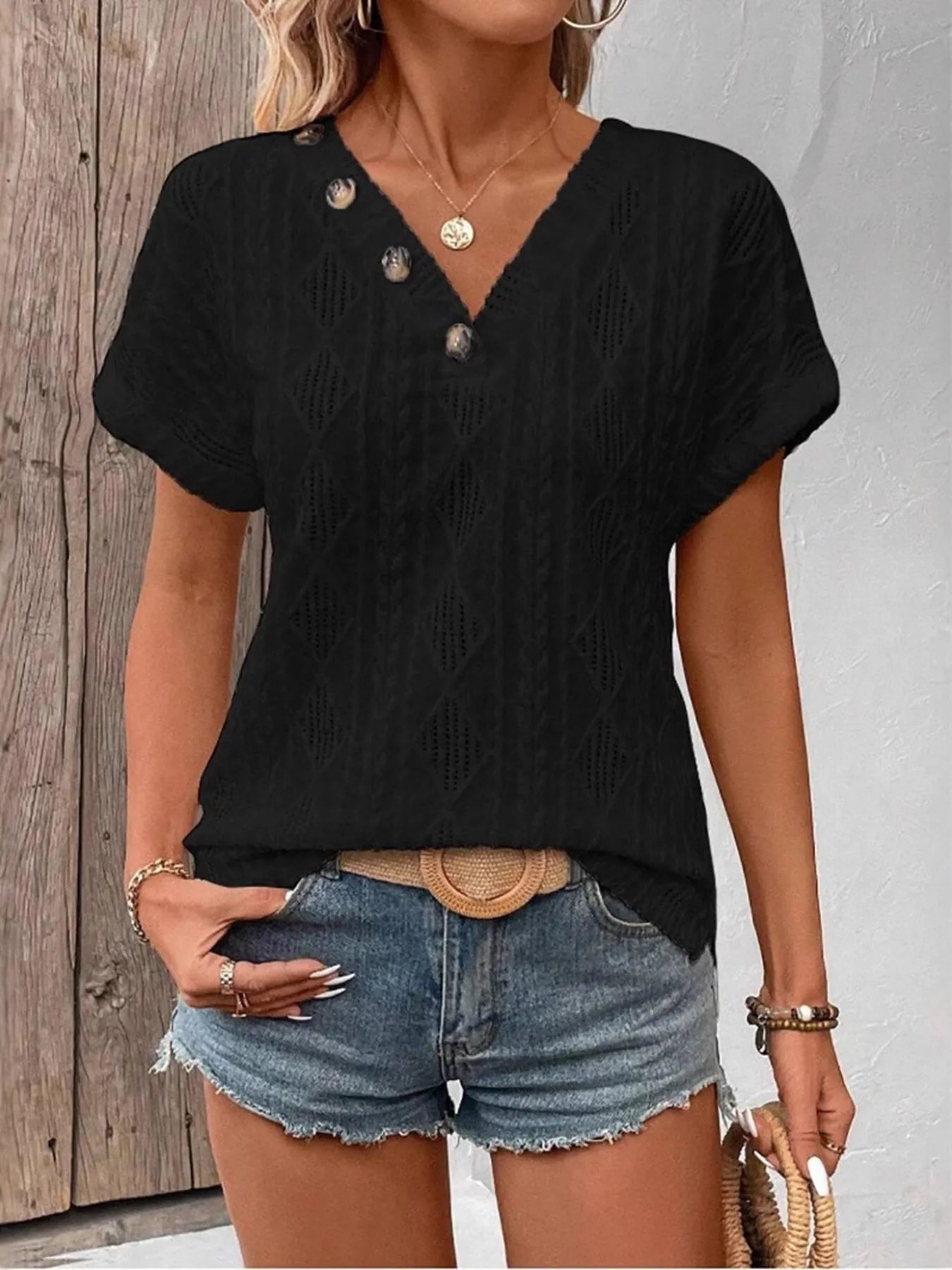 Textured V - Neck Short Sleeve Top