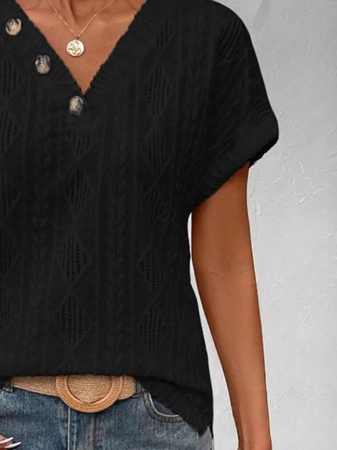 Textured V - Neck Short Sleeve Top